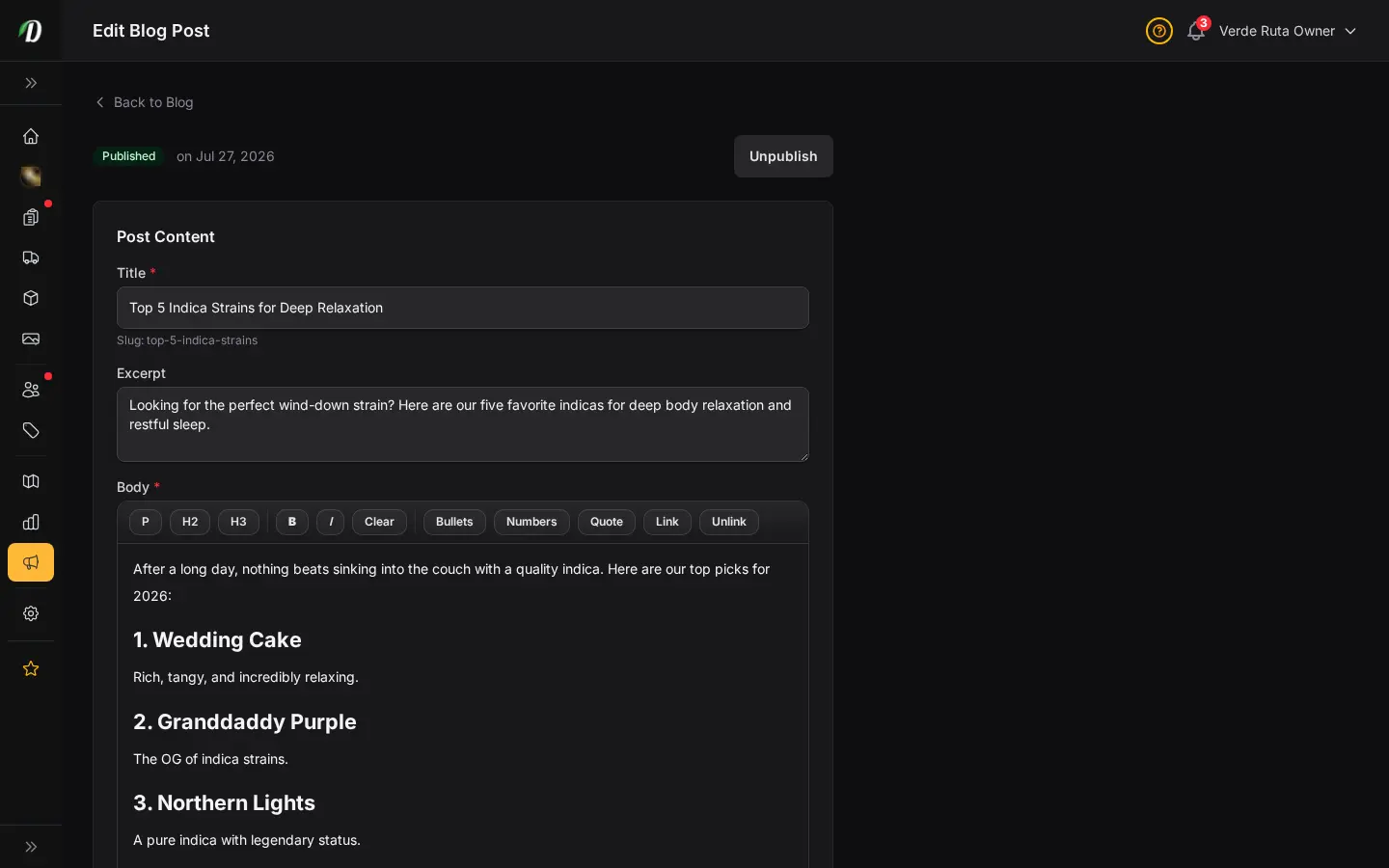 DabDash blog editor showing a saved post with content, SEO fields, and publish settings