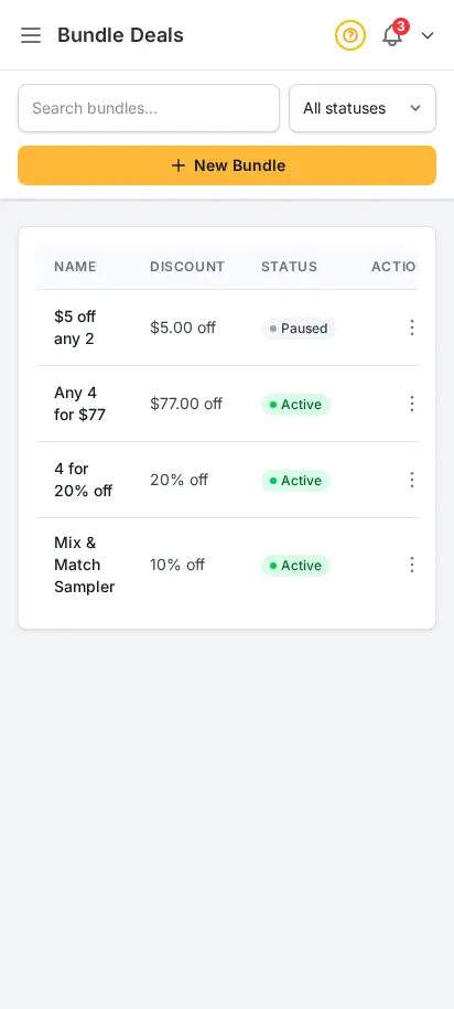DabDash bundle deals page showing active bundles with trigger quantities, discounts, and variation counts — mobile view