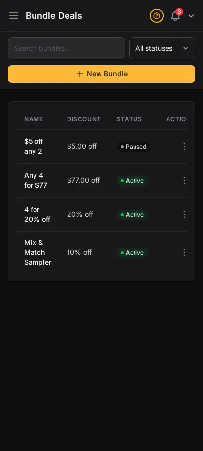 DabDash bundle deals page showing active bundles with trigger quantities, discounts, and variation counts — mobile view