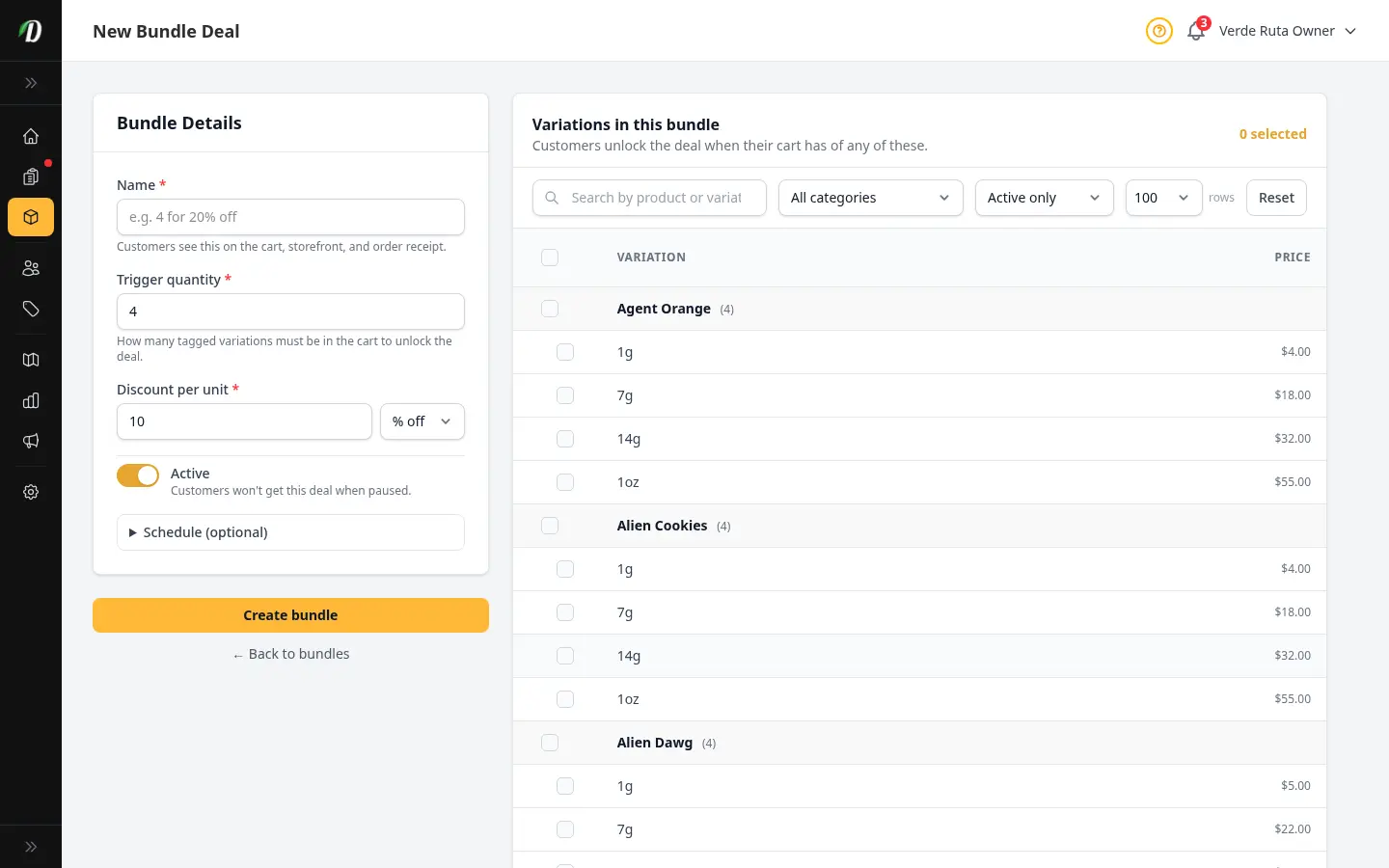 DabDash new bundle form showing fields for name, trigger quantity, discount type, discount value, and a variation picker panel