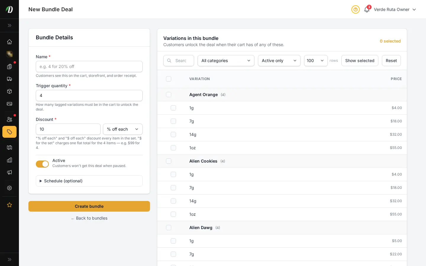 DabDash new bundle form showing name, trigger quantity, discount, and variation picker