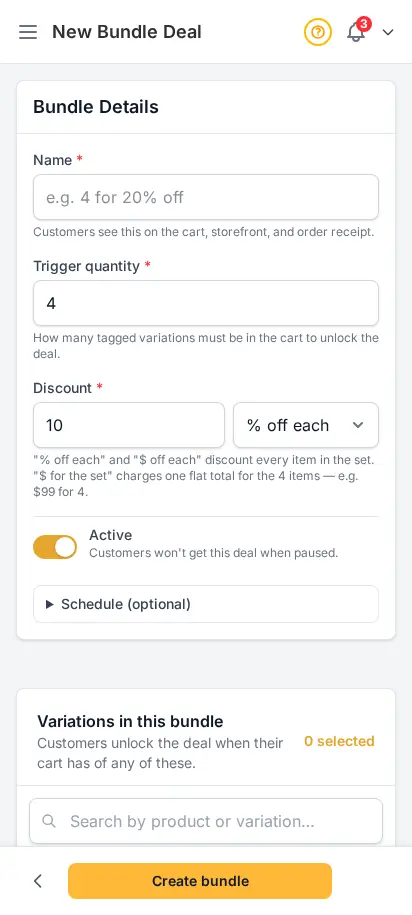 DabDash new bundle form showing name, trigger quantity, discount, and variation picker — mobile view