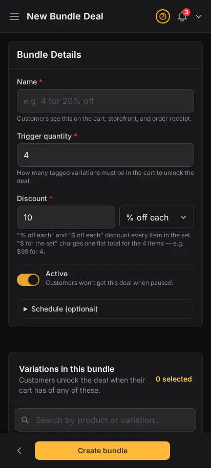 DabDash new bundle form showing name, trigger quantity, discount, and variation picker — mobile view