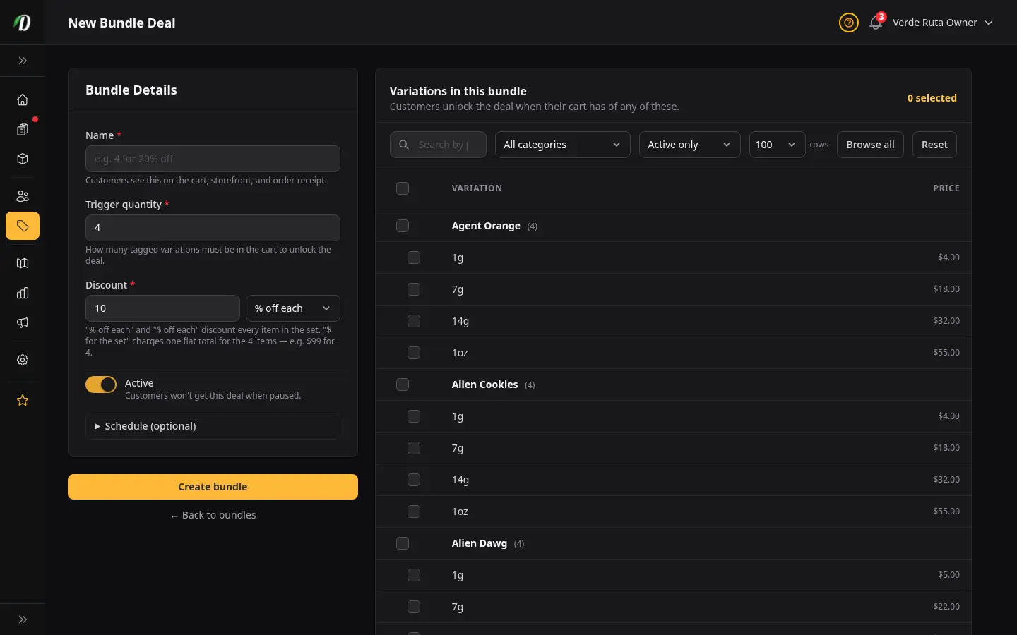 DabDash new bundle form showing name, trigger quantity, discount, and variation picker
