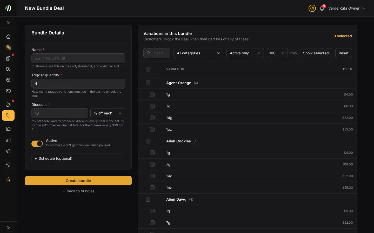 DabDash new bundle form showing name, trigger quantity, discount, and variation picker