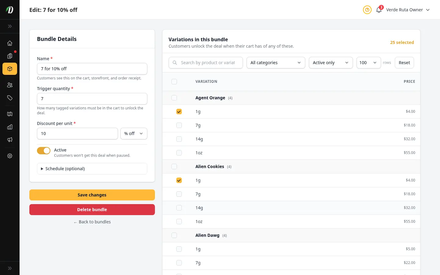DabDash edit bundle page showing existing bundle settings pre-filled with name, trigger quantity, discount type and value, and selected variations