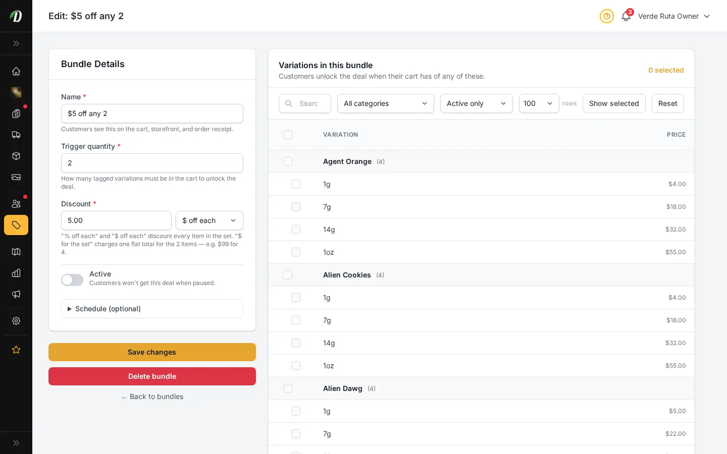 DabDash bundle editor showing saved bundle settings and attached variations ready to update