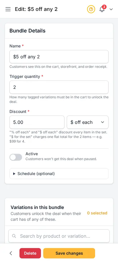 DabDash bundle editor showing saved bundle settings and attached variations ready to update — mobile view