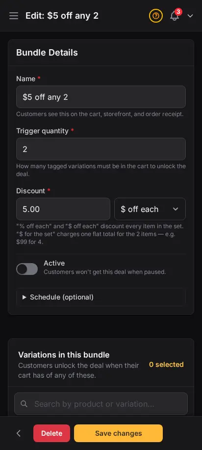 DabDash bundle editor showing saved bundle settings and attached variations ready to update — mobile view