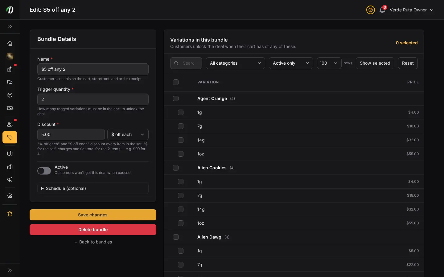DabDash bundle editor showing saved bundle settings and attached variations ready to update