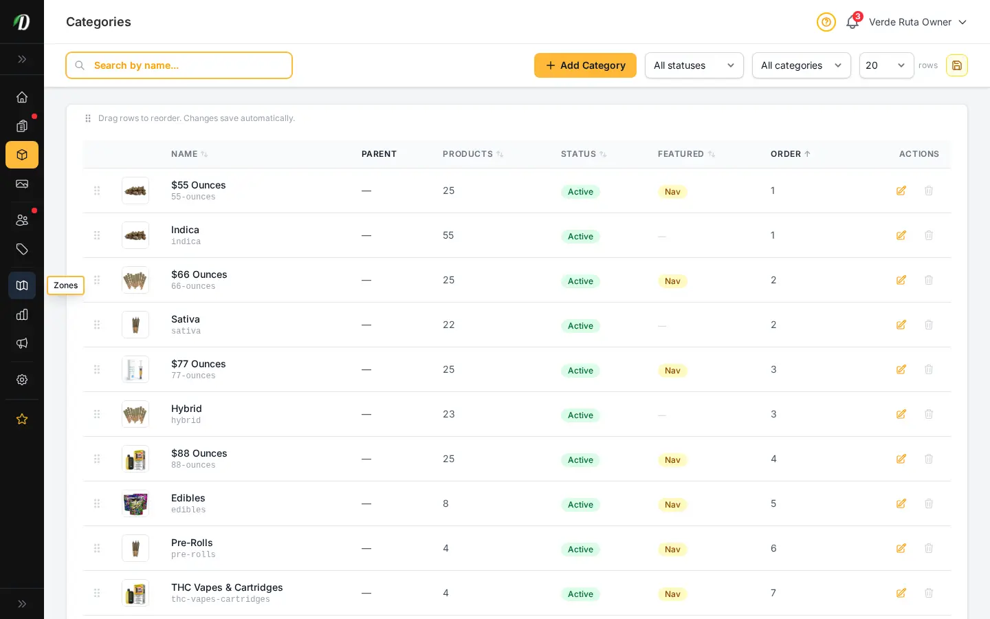 DabDash categories page showing category cards with images and product counts
