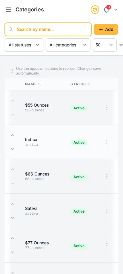 DabDash categories page showing category cards with images and product counts — mobile view