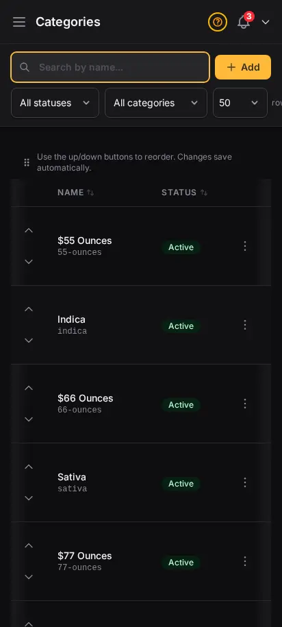 DabDash categories page showing category cards with images and product counts — mobile view