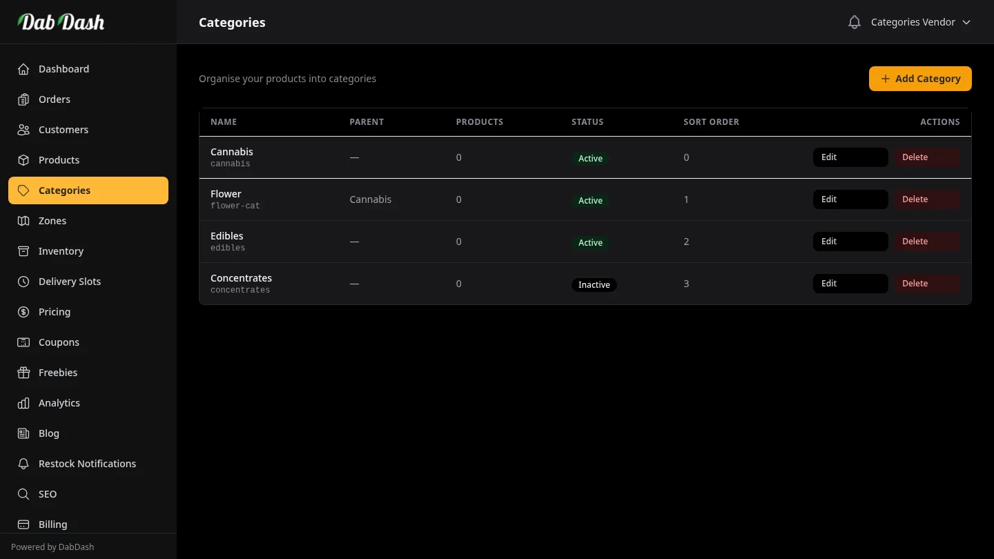 DabDash category management list with product counts