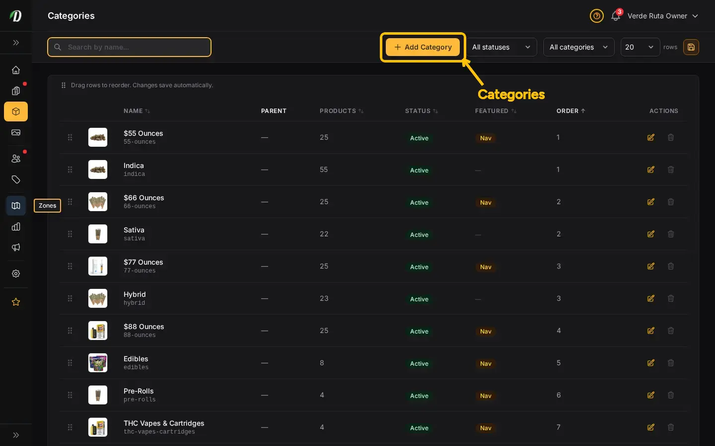 DabDash categories page showing category cards with images and product counts