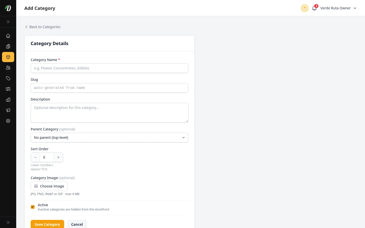 DabDash add category form showing fields for name, URL text, description, parent category, sort order, image upload, and active status