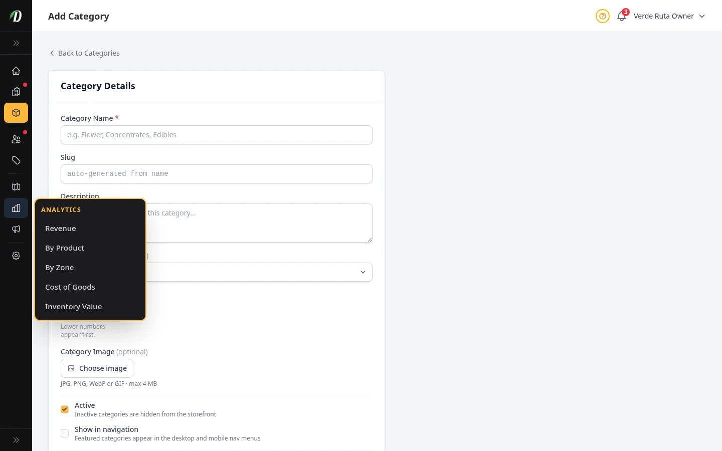 DabDash add category form showing fields for name, URL text, description, parent category, sort order, image upload, and active status