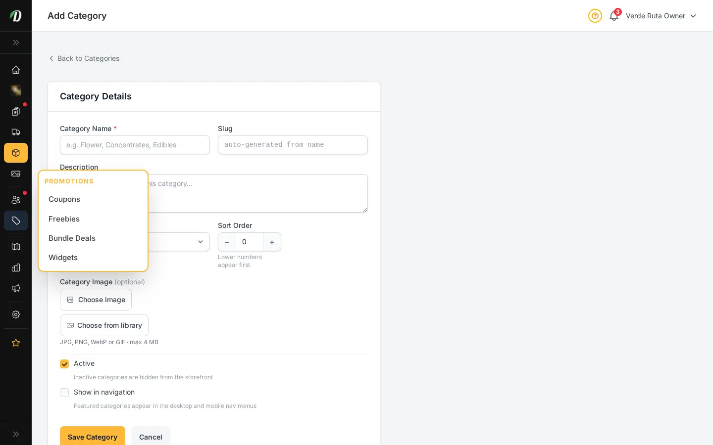 DabDash add category form showing name, slug, description, and image upload fields