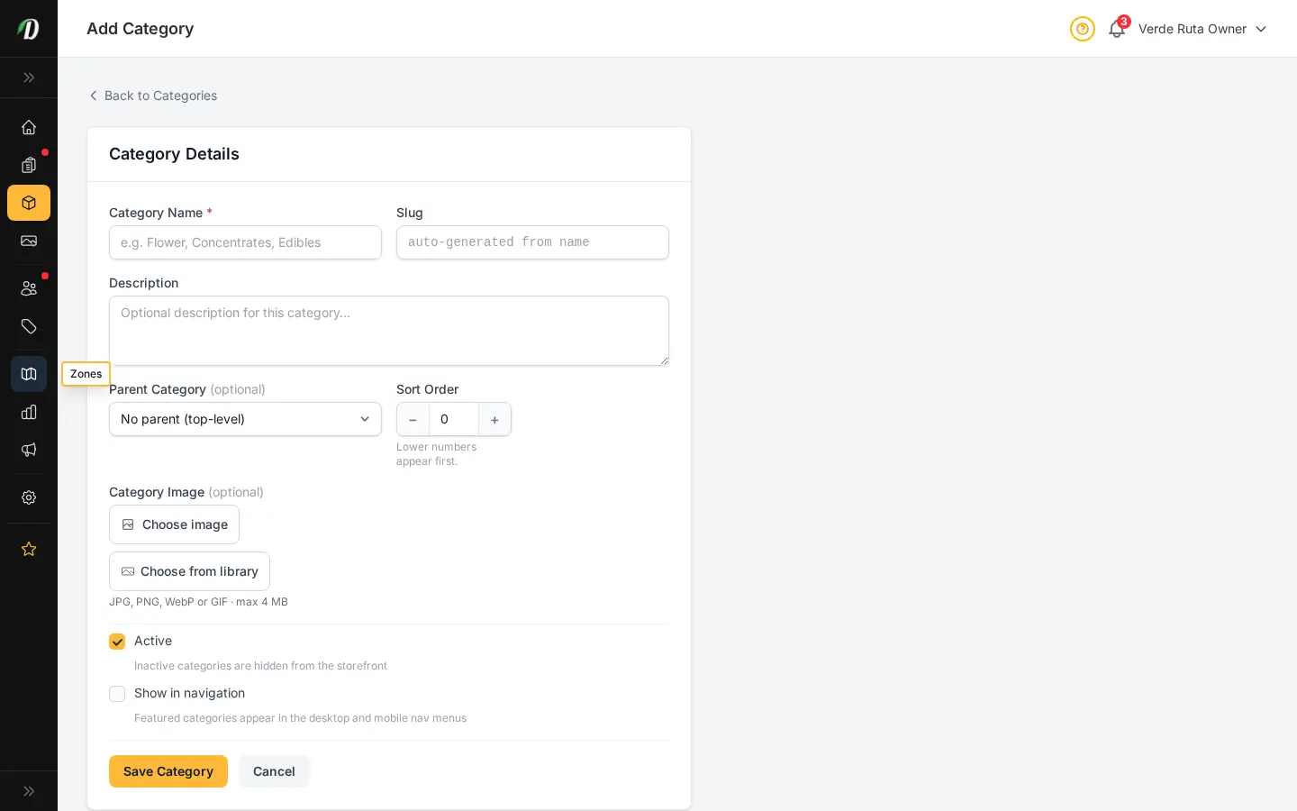DabDash add category form showing name, slug, description, and image upload fields