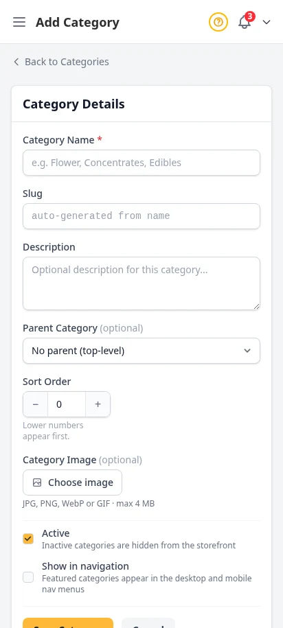 DabDash add category form showing name, slug, description, and image upload fields — mobile view