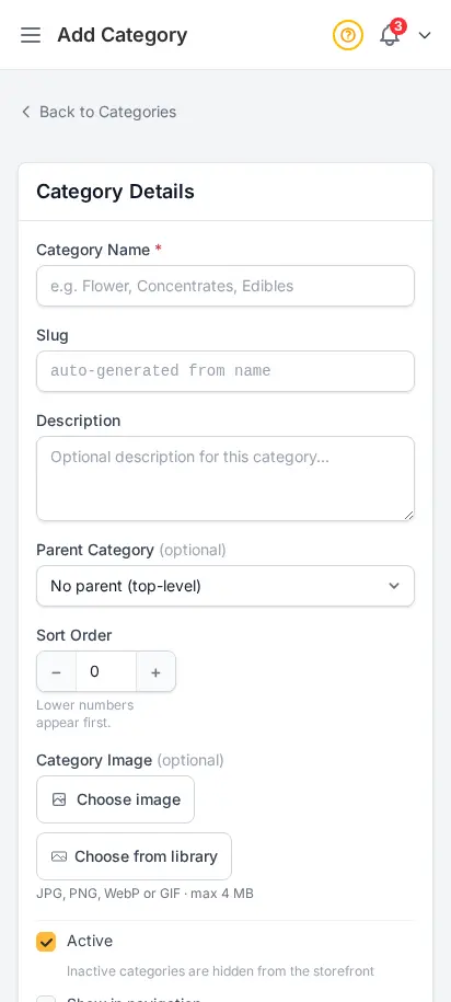 DabDash add category form showing name, slug, description, and image upload fields — mobile view