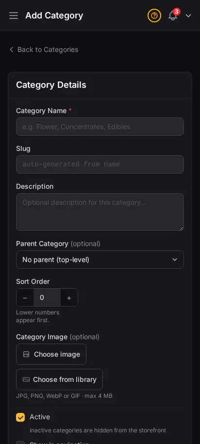 DabDash add category form showing name, slug, description, and image upload fields — mobile view