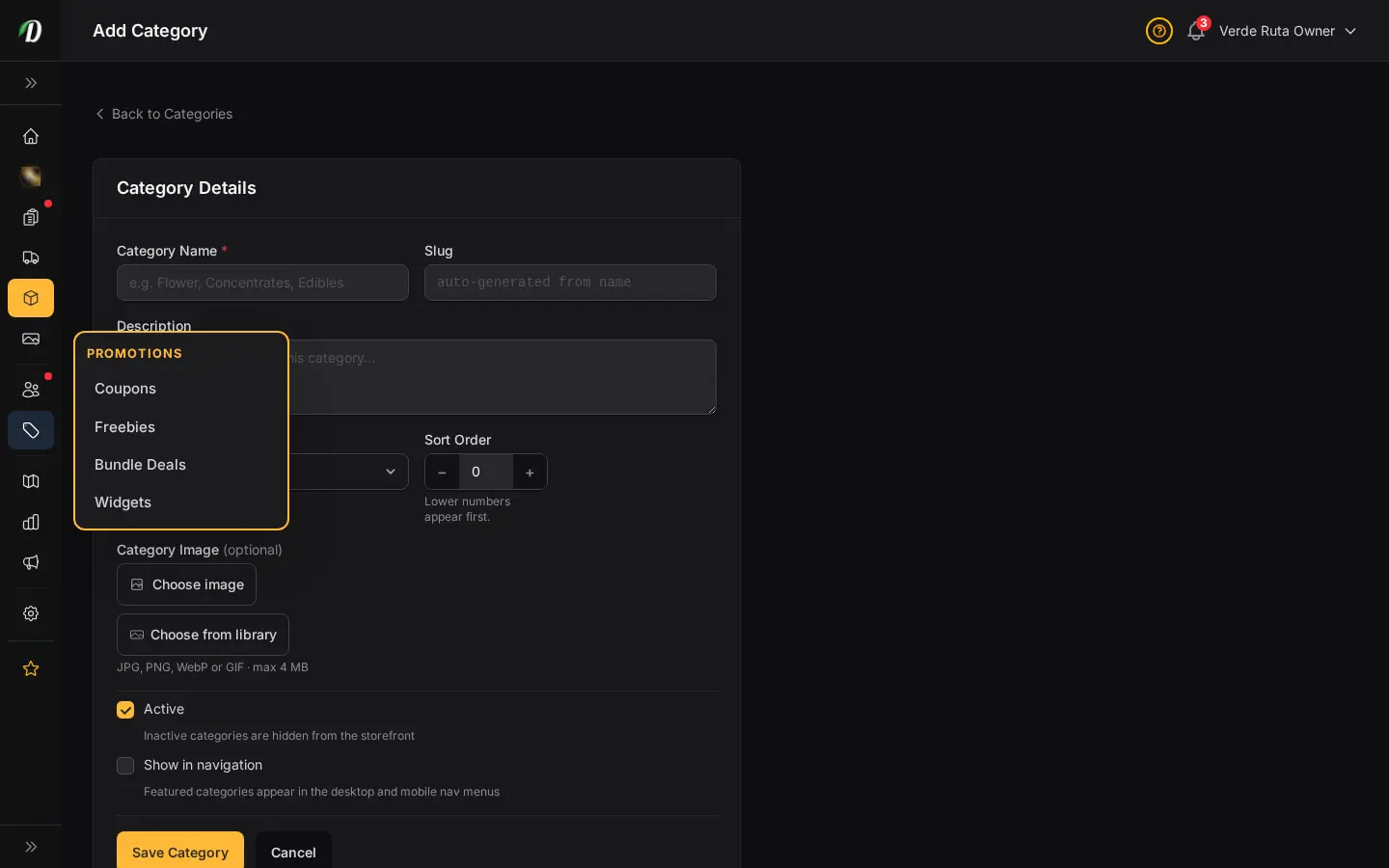DabDash add category form showing name, slug, description, and image upload fields