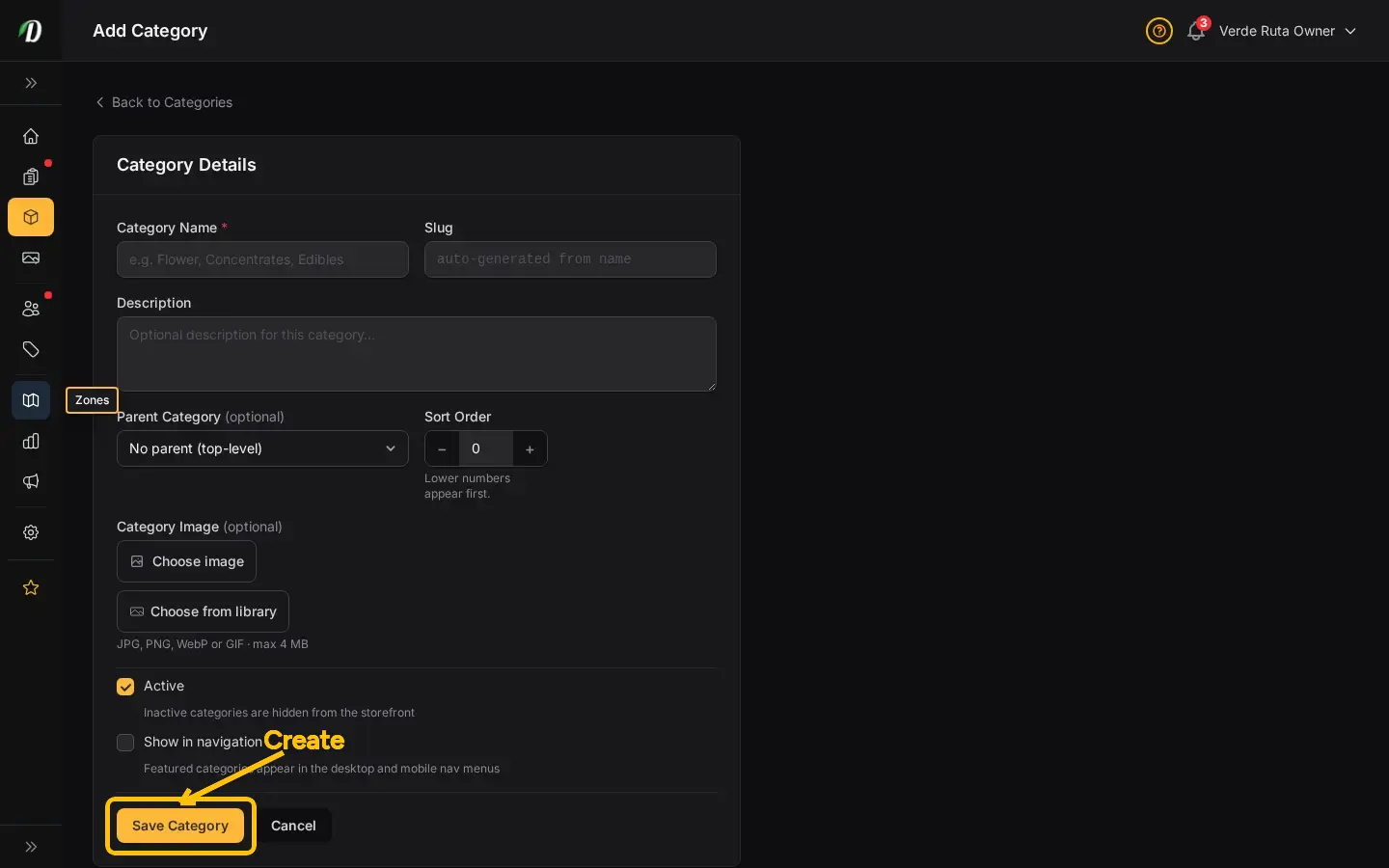 DabDash add category form showing name, slug, description, and image upload fields