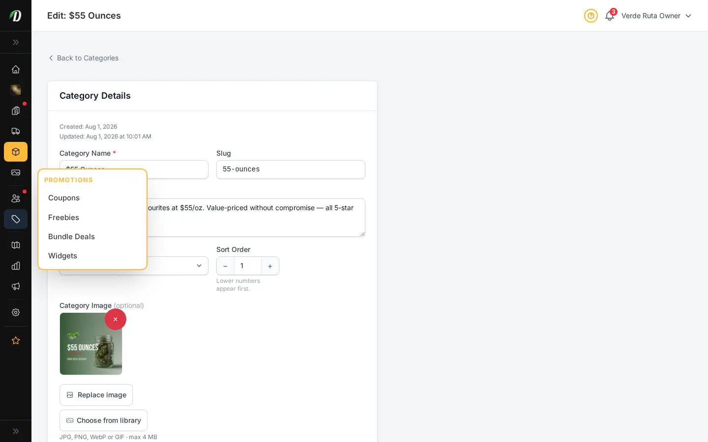 DabDash category editor showing saved category details, image, and display settings