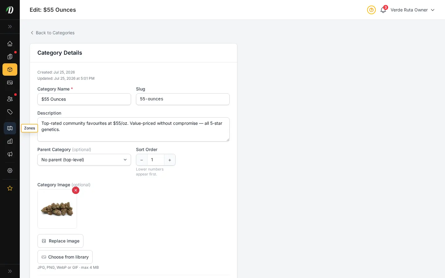DabDash category editor showing saved category details, image, and display settings
