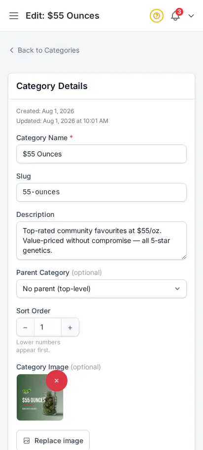 DabDash category editor showing saved category details, image, and display settings — mobile view