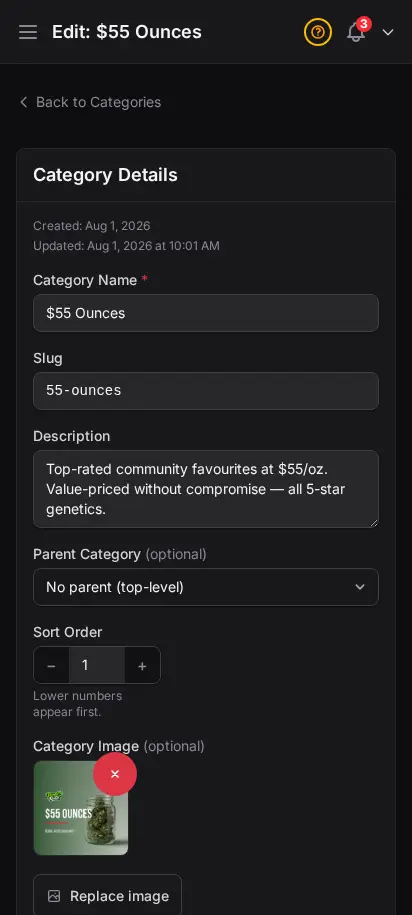 DabDash category editor showing saved category details, image, and display settings — mobile view