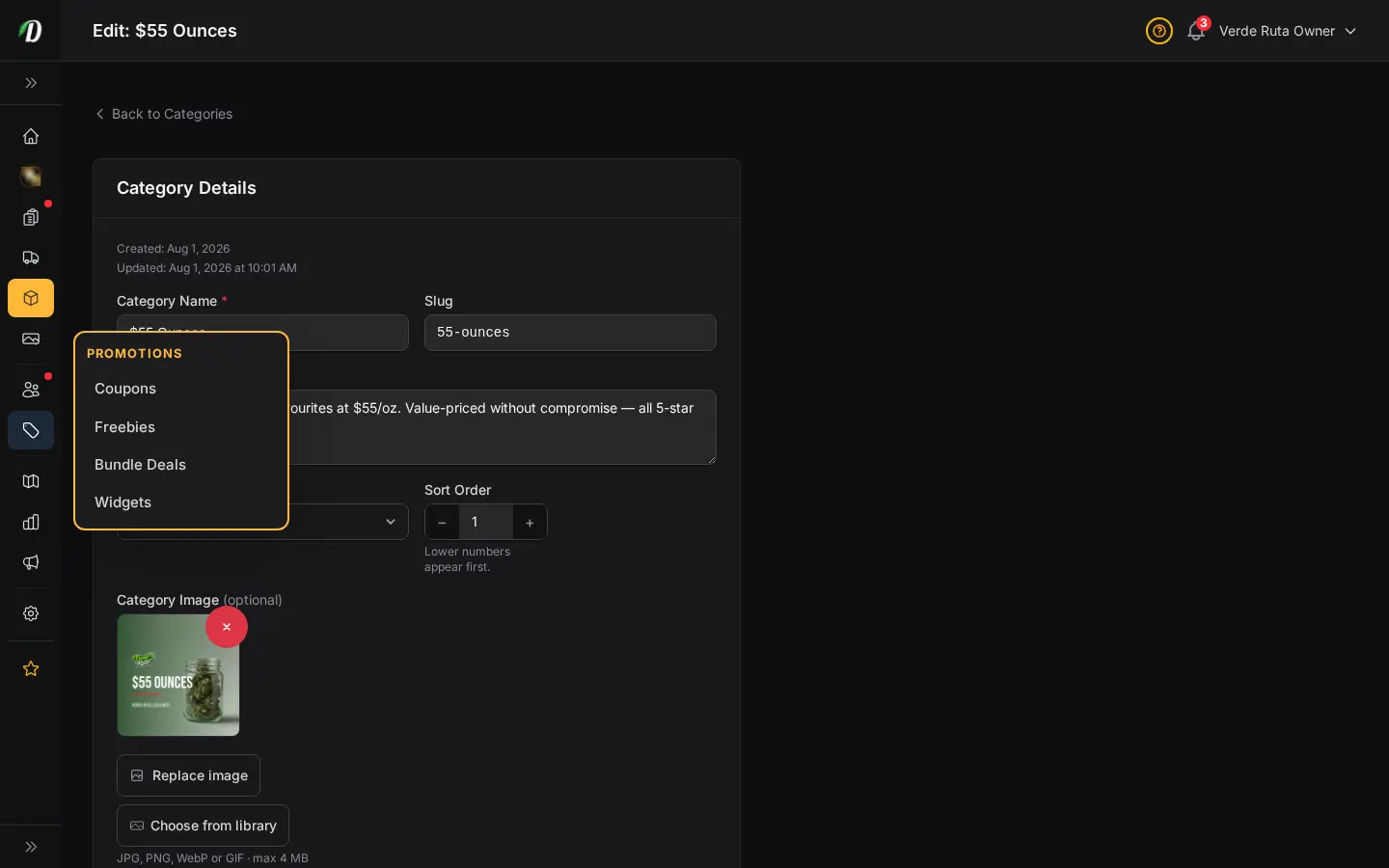 DabDash category editor showing saved category details, image, and display settings
