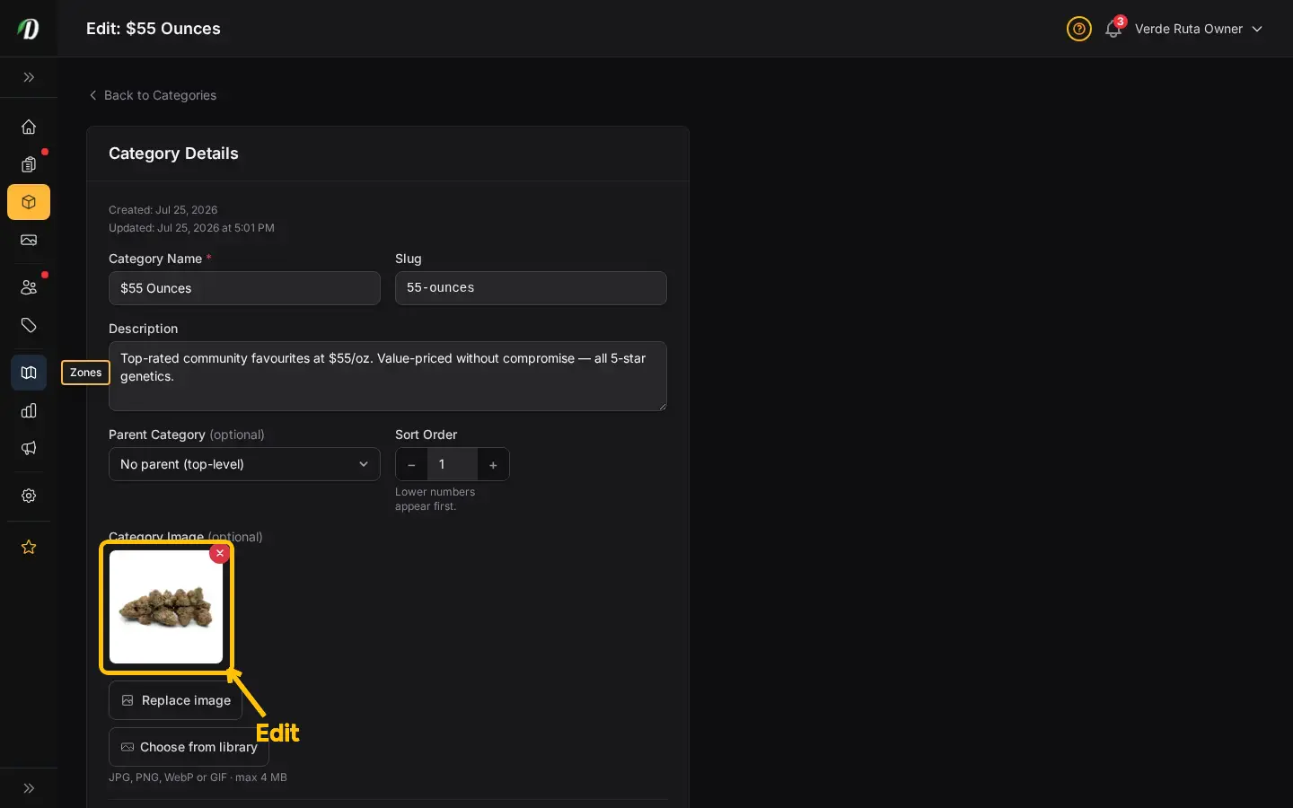 DabDash category editor showing saved category details, image, and display settings