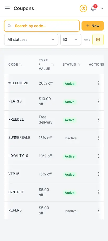 DabDash coupons page showing active discount codes, discount types, limits, and usage totals — mobile view
