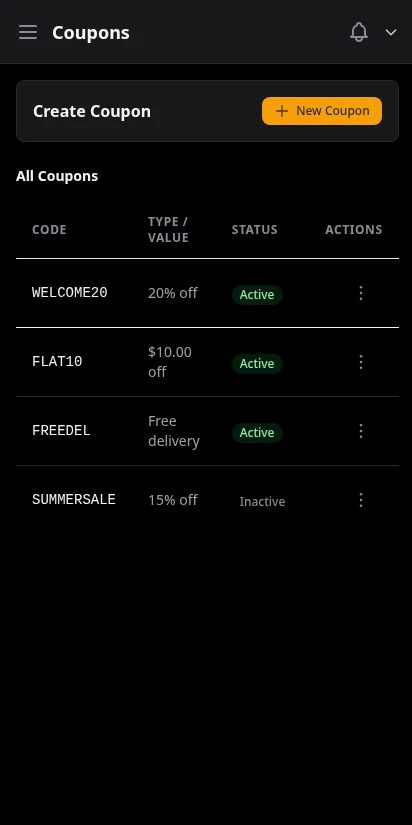 DabDash coupon manager with discount codes, types, and usage stats