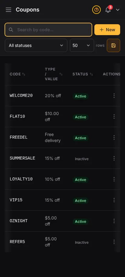 DabDash coupons page showing active discount codes, discount types, limits, and usage totals — mobile view