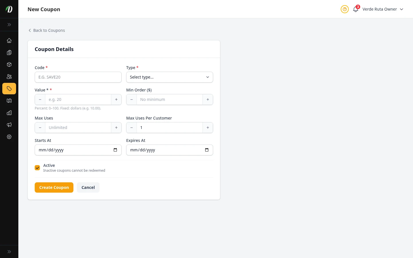 DabDash new coupon form showing fields for code, discount type, value, minimum order, usage limits, active dates, and active status
