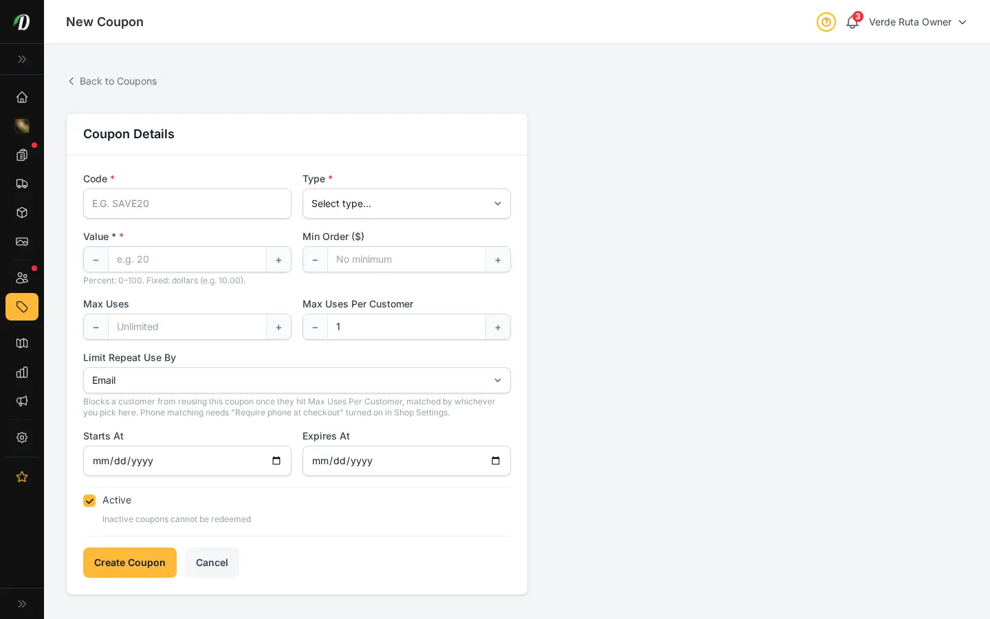 DabDash add coupon form showing code, discount type, limits, dates, and rules