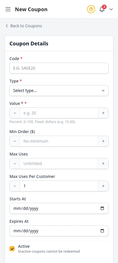 DabDash add coupon form showing code, discount type, limits, dates, and rules — mobile view