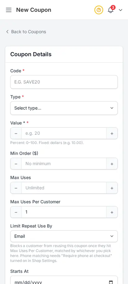DabDash add coupon form showing code, discount type, limits, dates, and rules — mobile view