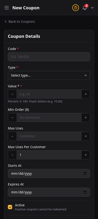 DabDash add coupon form showing code, discount type, limits, dates, and rules — mobile view