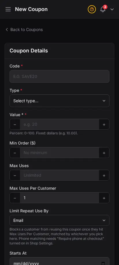 DabDash add coupon form showing code, discount type, limits, dates, and rules — mobile view