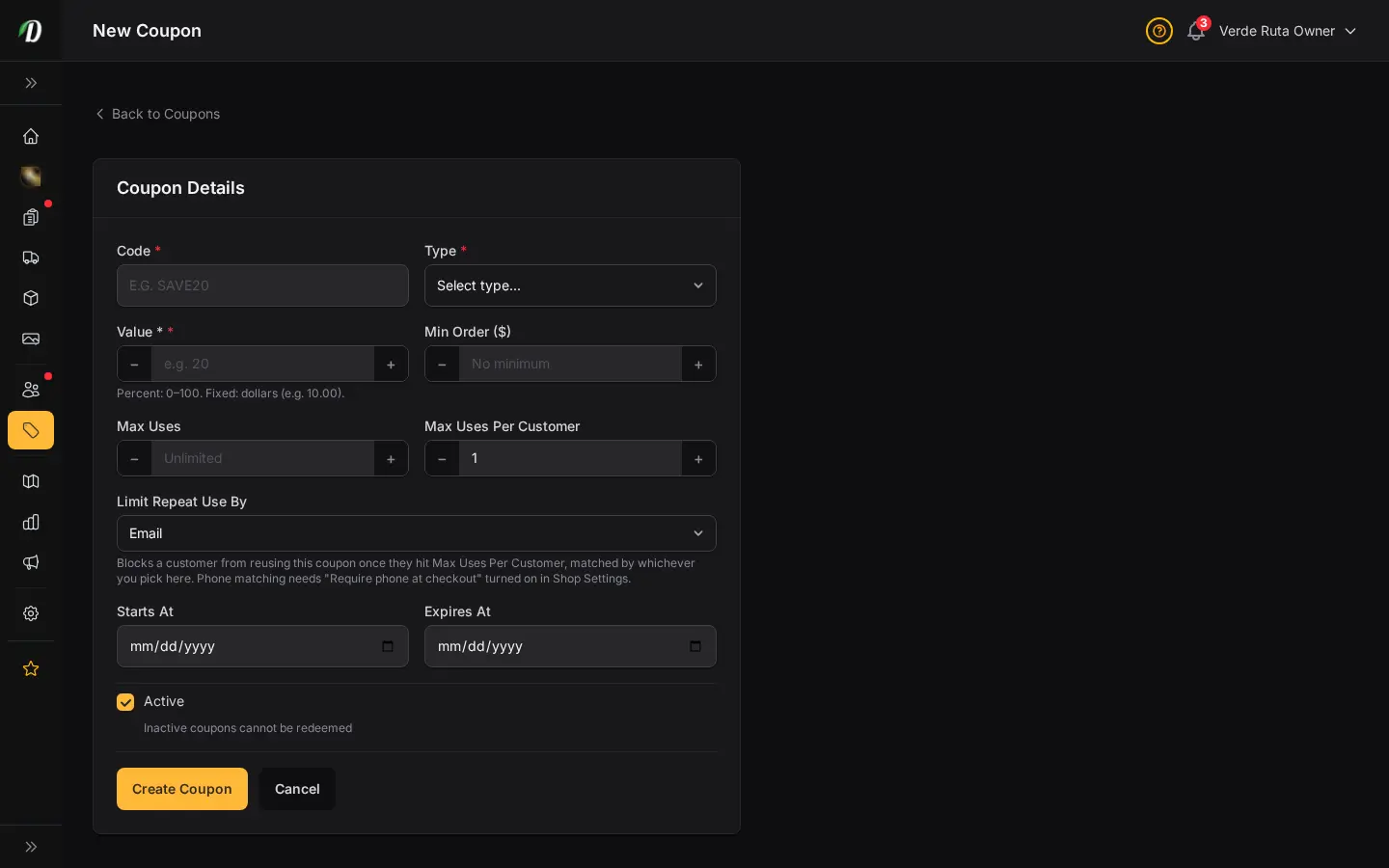 DabDash add coupon form showing code, discount type, limits, dates, and rules