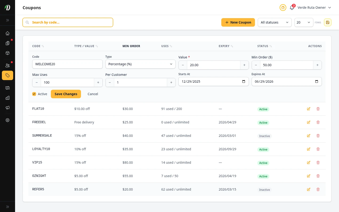 DabDash coupon editor showing saved discount settings ready to update