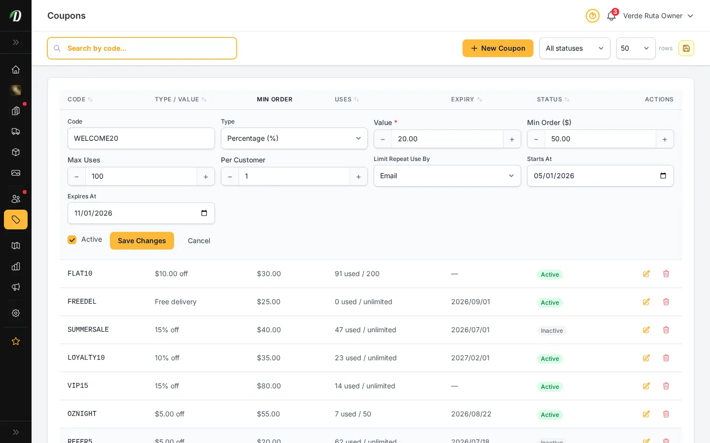 DabDash coupon editor showing saved discount settings ready to update