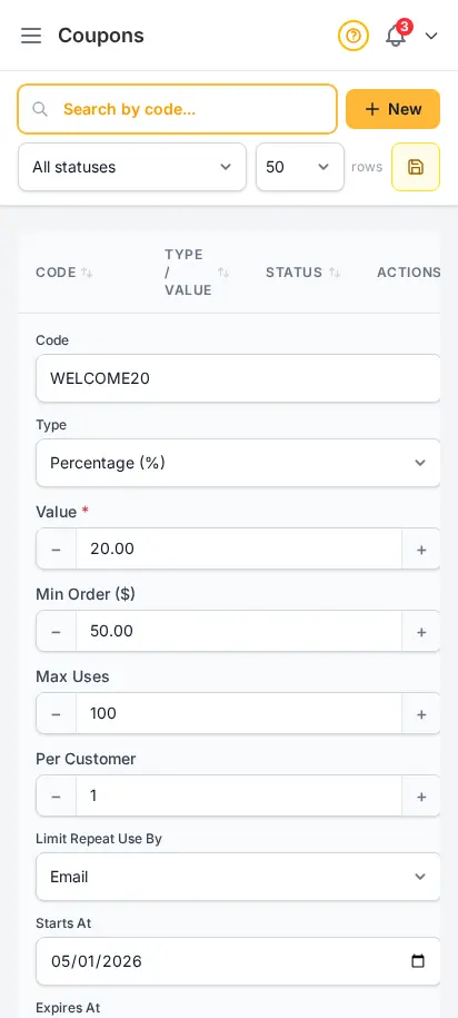 DabDash coupon editor showing saved discount settings ready to update — mobile view
