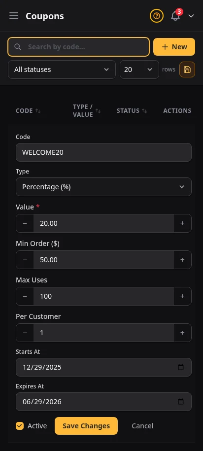 DabDash coupon editor showing saved discount settings ready to update — mobile view