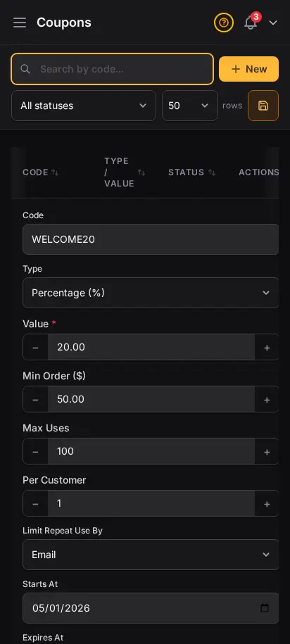 DabDash coupon editor showing saved discount settings ready to update — mobile view