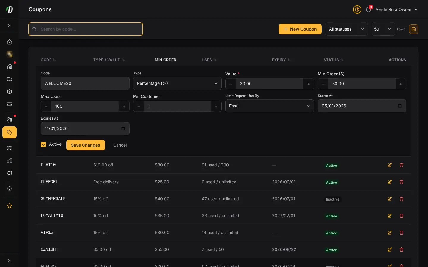 DabDash coupon editor showing saved discount settings ready to update